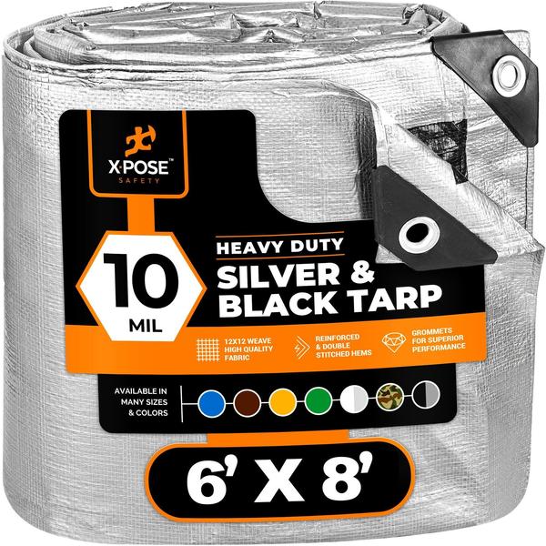 Xpose Safety 6 ft x 8 ft Heavy Duty 10 mil Tarp, Silver/Black, Polyethylene STH-68-X